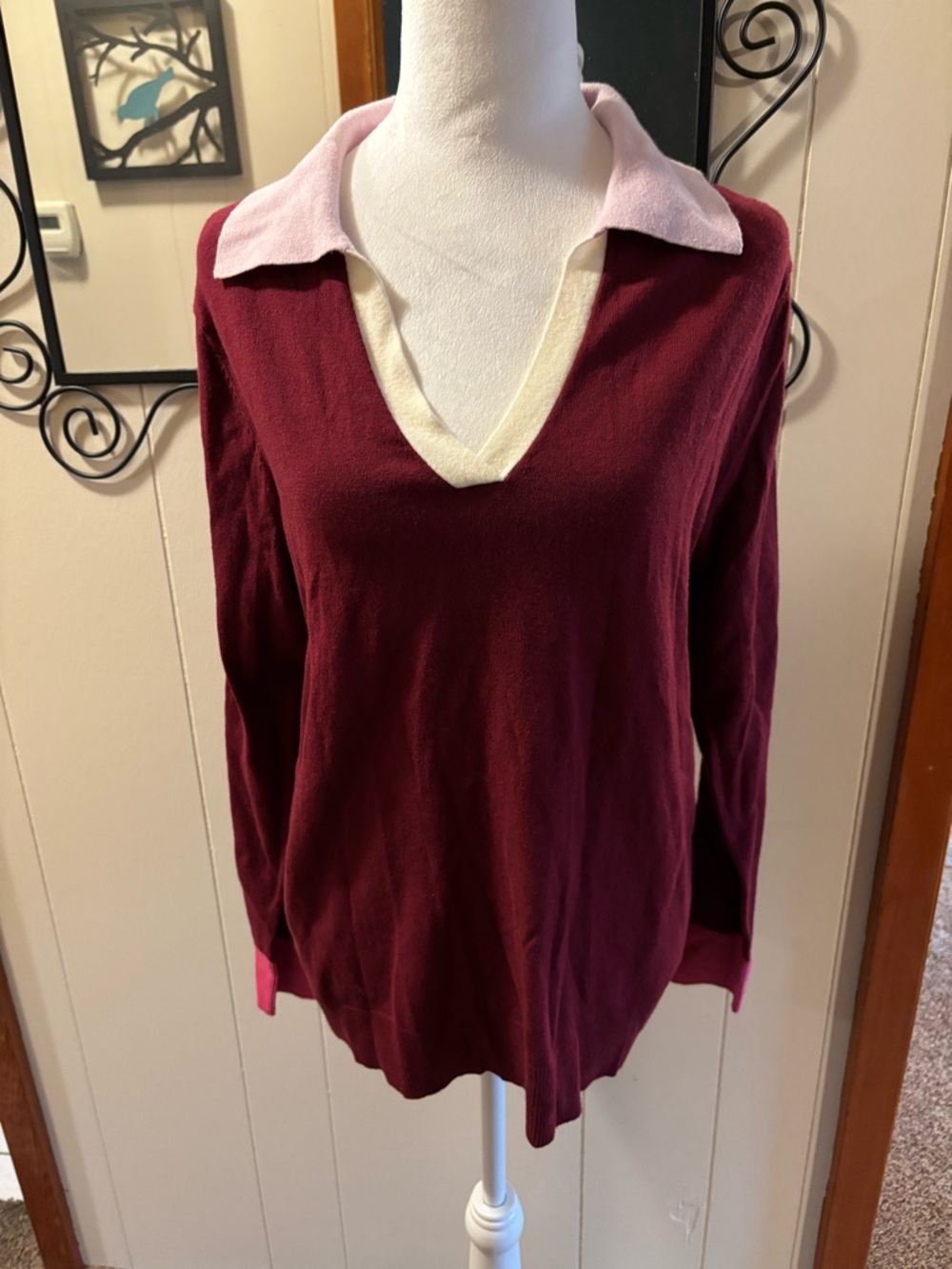 croft & barrow Burgundy V-Neck Sweater with Pink Collar and Cream Trim